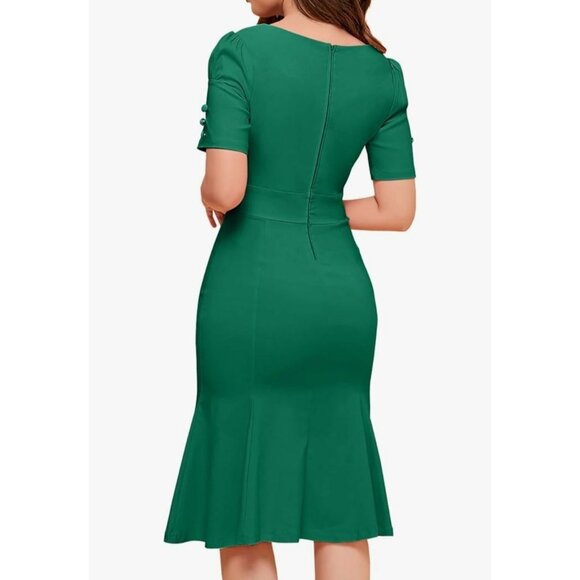 MUXXN Womens Vintage 1950s Midi Crew Neck Bodycon Dress Green Size XXL Stunning - Picture 2 of 13